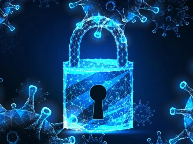 Futuristic coronavirus covid-19 Pandemic lockdown banner with glow ow poly virus cells and padlock