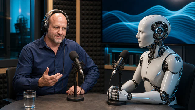 Otakar Zemek se sluchátky debatuje u mikrofonů s humanoidním androidem představujícím umělou inteligenci