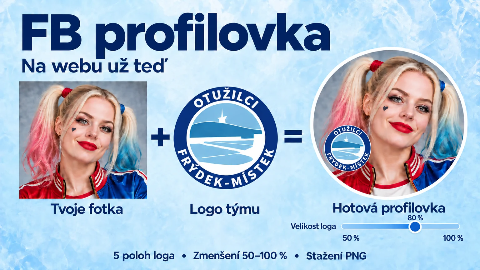 FB profilovka: vlastní fotka plus klubové logo, hotový kruhový portrét a zmenšení loga na 50–100 %.