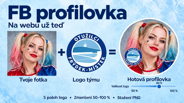 FB profilovka: vlastní fotka plus klubové logo, hotový kruhový portrét a zmenšení loga na 50–100 %.