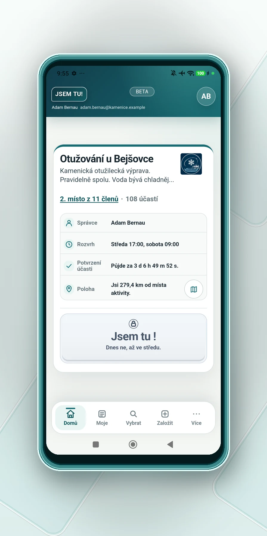 Domovská obrazovka otužilecké aktivity v aplikaci JSEM TU!