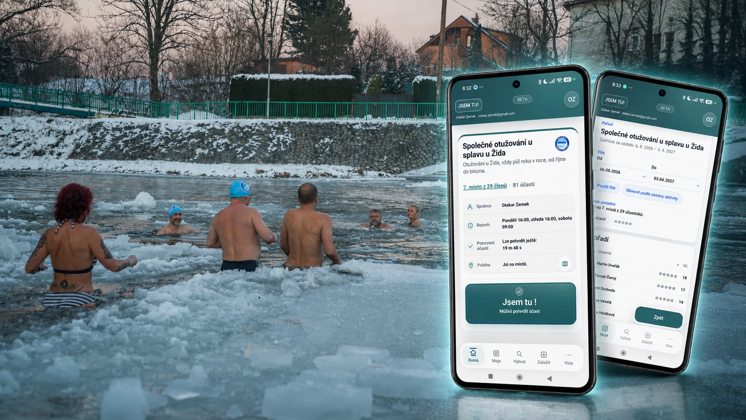 Otužilci v ledové Ostravici s aplikací JSEM TU! pro Android