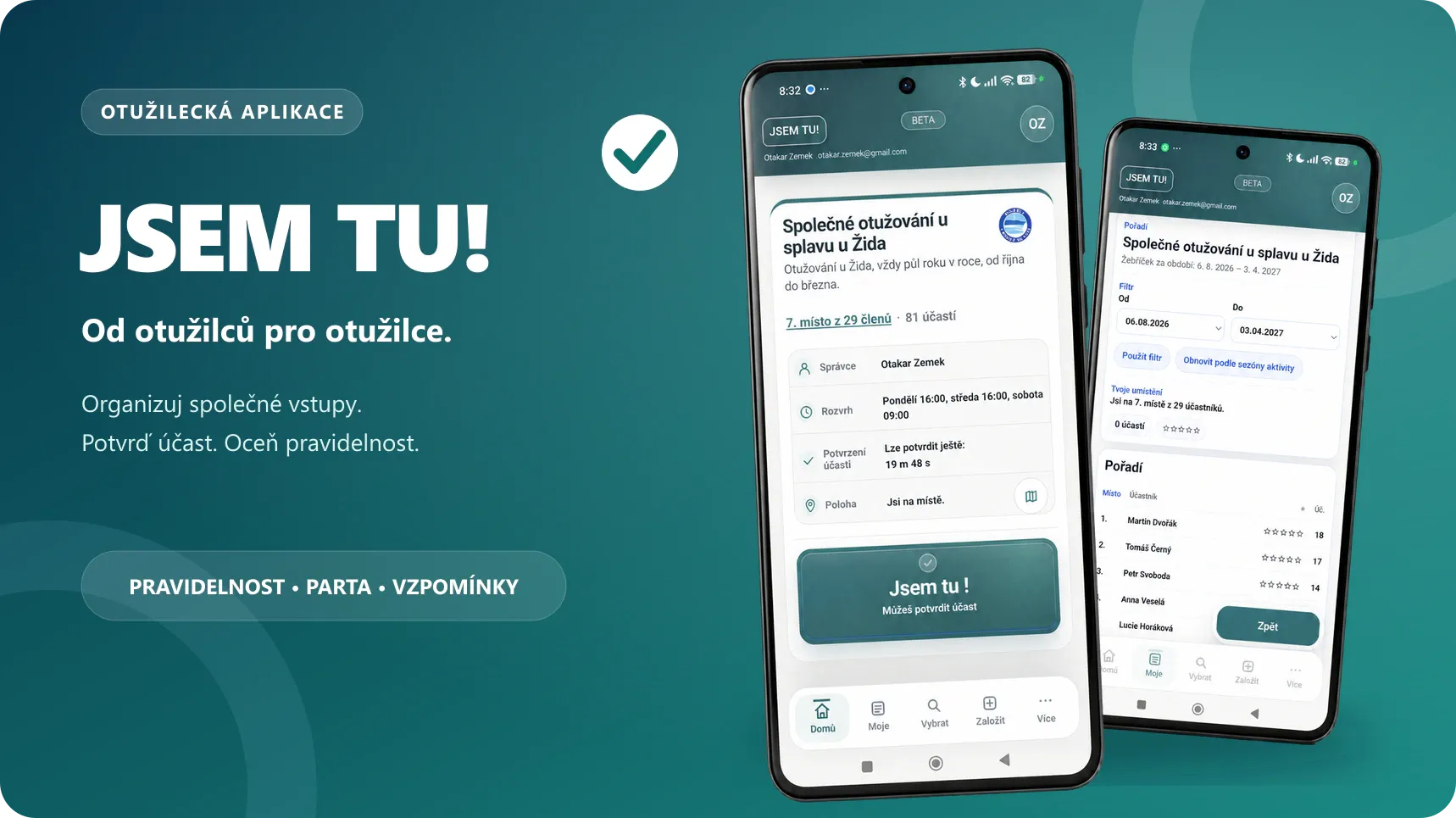 Koláž dvou telefonů s obrazovkami otužilecké aplikace JSEM TU!