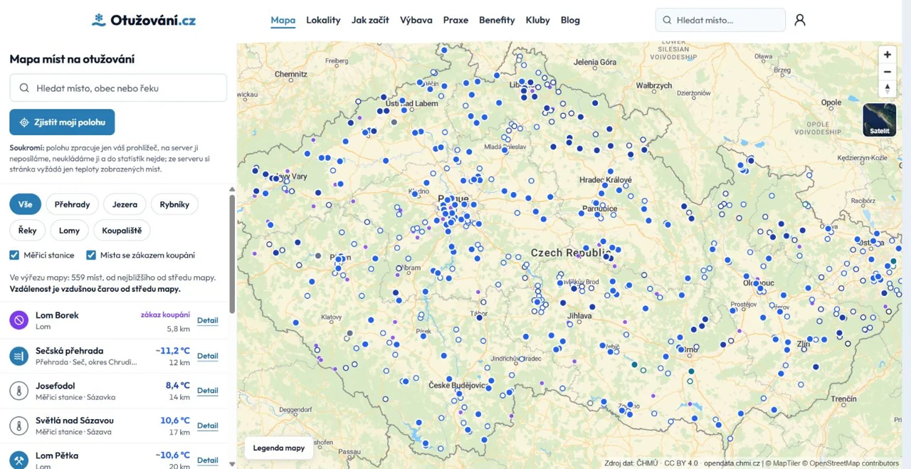 Ukázka mapy míst na otužování na Otužování.cz